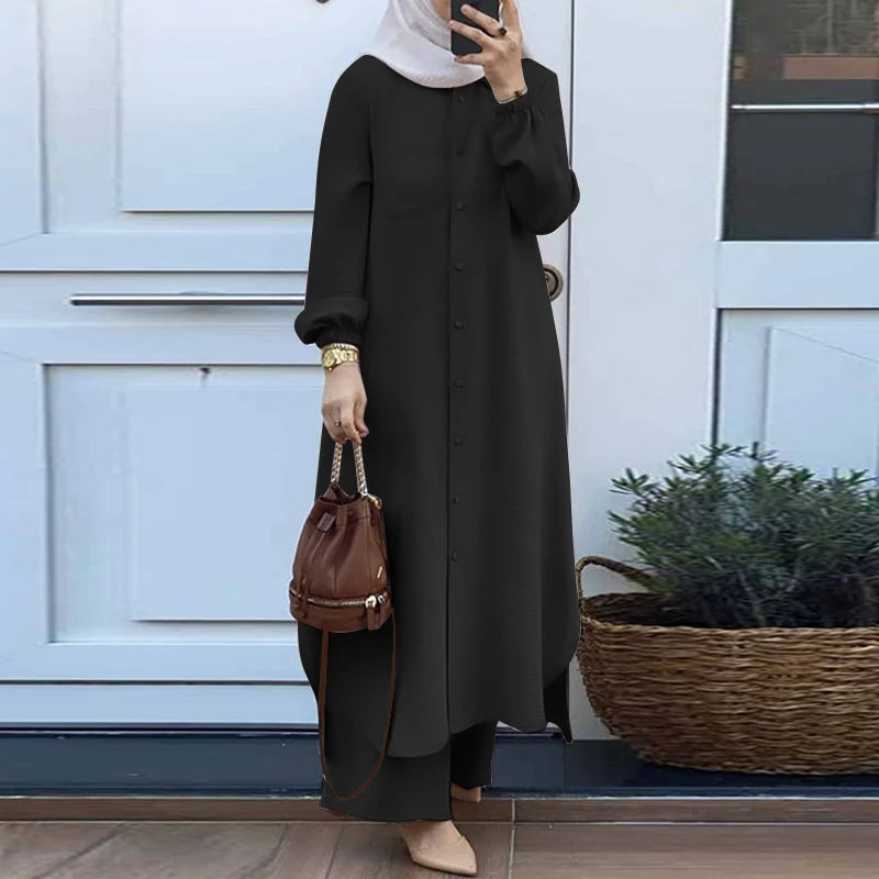 ZANZEA Autumn Muslim Sets Turkey Dubai Abaya Women Long Sleeve Shirt Set Causal Pants Suits Abayas For Women IsIamic Outifits