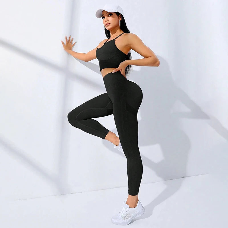 2Pcs Women's Yoga Fitness Set Seamless Breathable Activewear Sexy Sports Bra Top High-Waisted Leggings Set