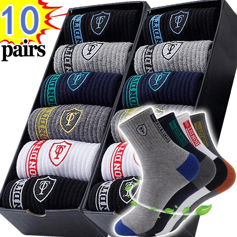 10 Pairs Breathable Cotton Sports Stockings Men Bamboo Fiber Autumn and Winter Men Socks Sweat Absorption Deodorant Business Sox