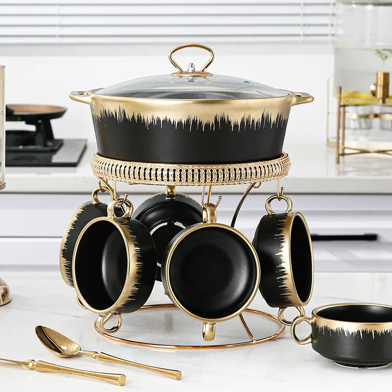 Gold-plated ceramic pot household Phnom Penh soup pot 7-piece set with lid soup pot with hotel tableware set wholesale