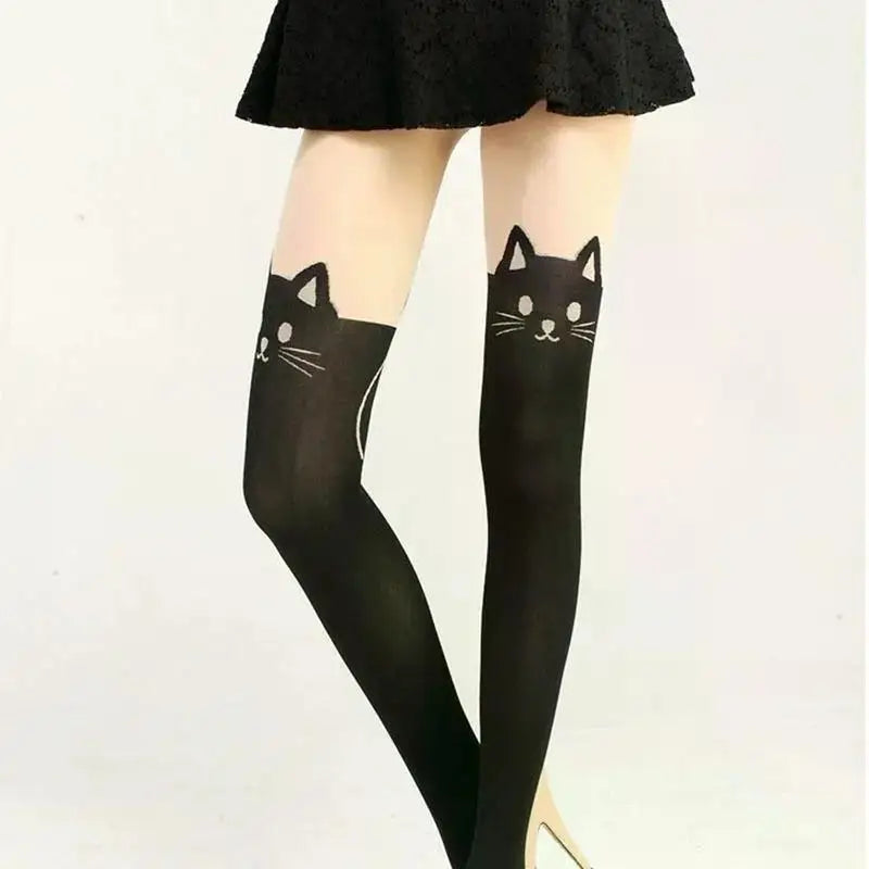 Women Cute Black Cat Printed Silk Knee Socks Casual Thigh Cotton Warm High Over Knee Socks Cute Romantic Socks Lady Cat