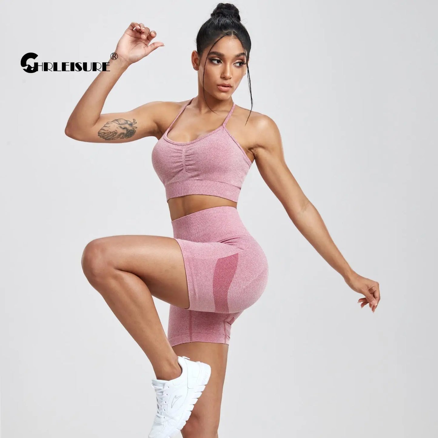 CHRLEISURE Seamless Sports Set Women's  2PCS Yoga Suit Fitness Bra with Cycling Shorts Gym Elastic Workout Outfit Activewear