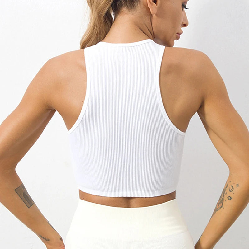 Yoga Vest Women Gym Sports Black White Crop Tops Seamless Streetwear Rib Knit Workout BreathableTank Top Female Without Pads