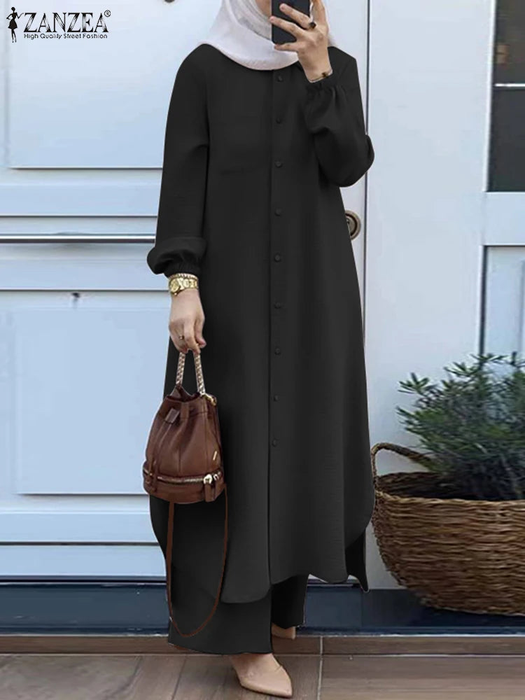 ZANZEA Autumn Muslim Sets Turkey Dubai Abaya Women Long Sleeve Shirt Set Causal Pants Suits Abayas For Women IsIamic Outifits