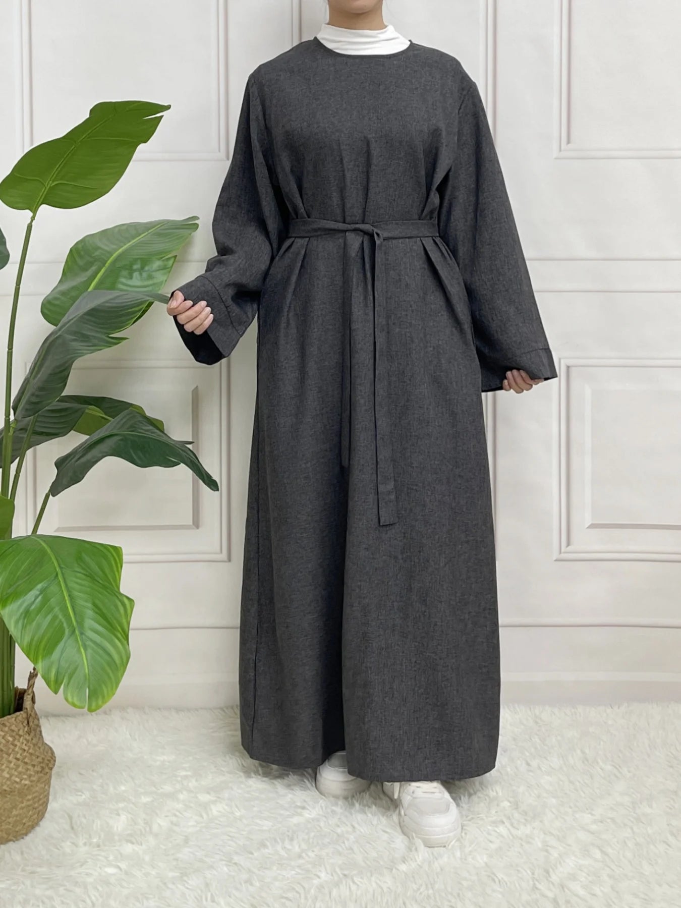 Modest Closed Plain Long Sleeve Abaya Without Hijab With Belt  Basic Islamic Eid Clothes Dress