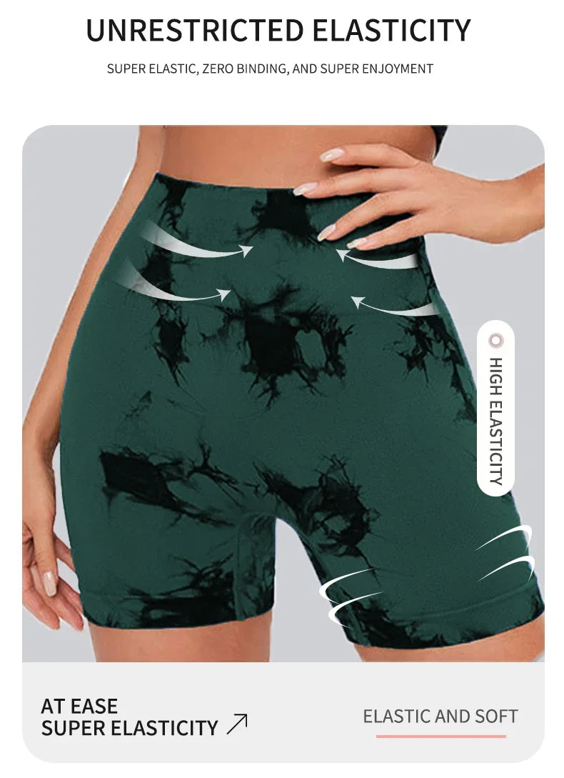 Calças esportivas sem costura Tie Dye para mulheres, apertadas, sexy Yoga Fitness Shorts, cintura alta, elevação do quadril