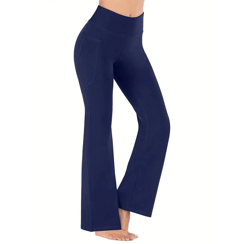 Women's Flared Pants with Pockets, Flared Leg Yoga Pants High Waist Fitness Casual Tummy Tuck Pants