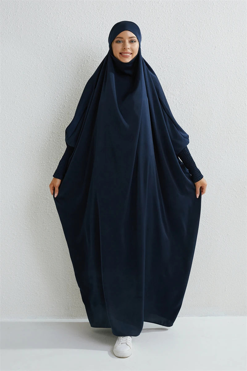 Muslim Abaya Hooded Smocking Sleeve One-piece Prayer Dress Women Jilbab Islamic Clothing Dubai Saudi Black Robe Turkish Modesty