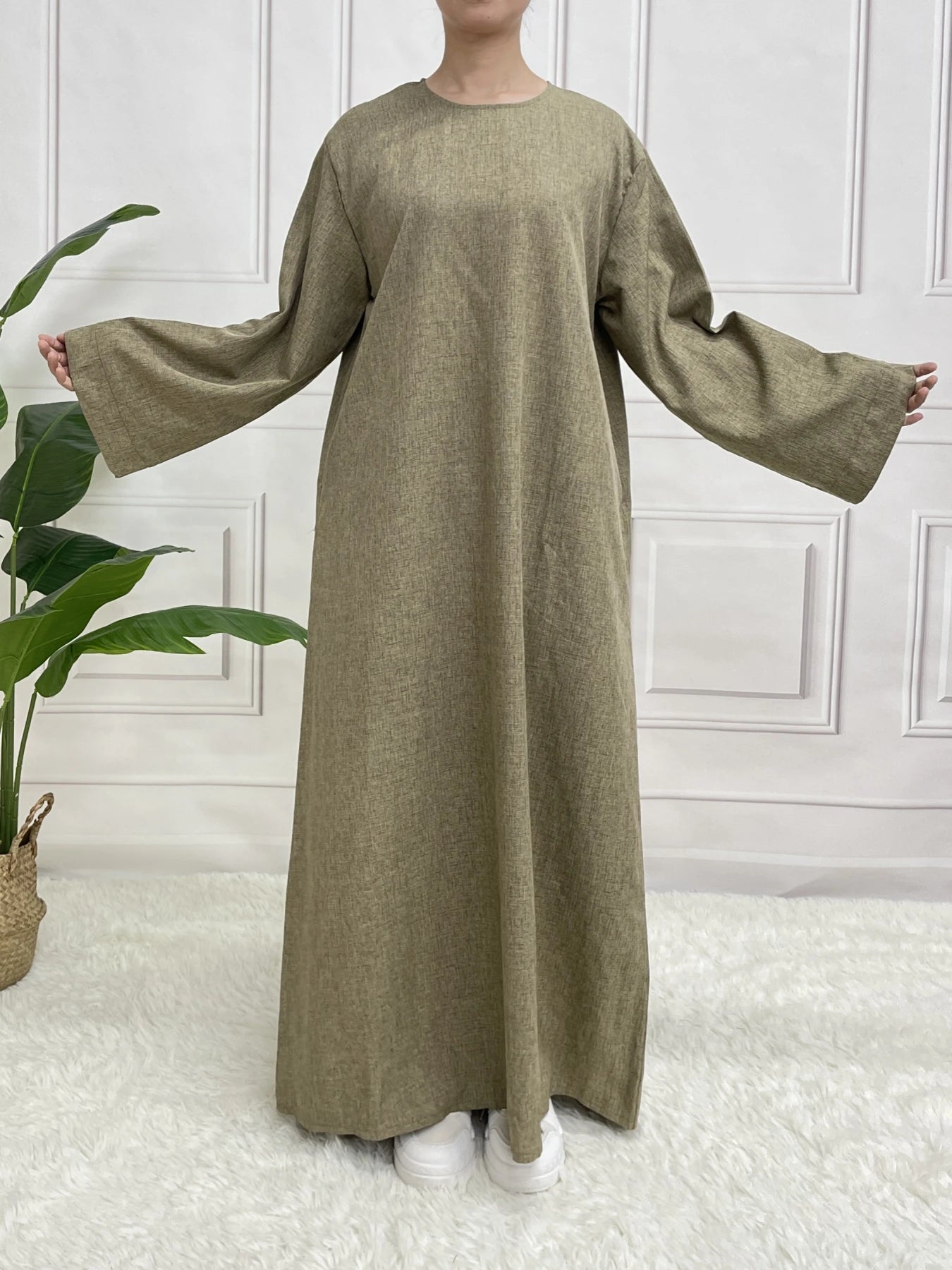 Modest Closed Plain Long Sleeve Abaya Without Hijab With Belt  Basic Islamic Eid Clothes Dress