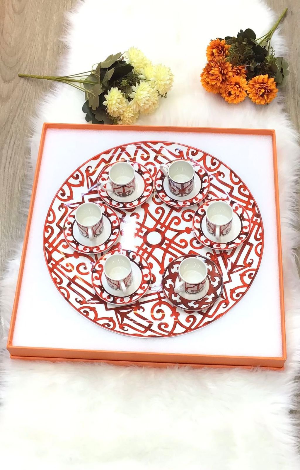 Service tray with set of six Turkish coffee cups from Hermes - Hermes Turkish Coffee Cups | Aleppo Gift UAE