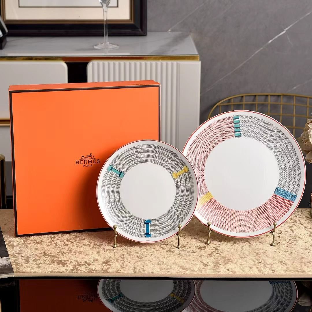 Hermes "Tressages Equestres" Orange, White and Blue Porcelain Dessert Plate Set of 2 - Hermes Plates | Aleppo Gift UAE
